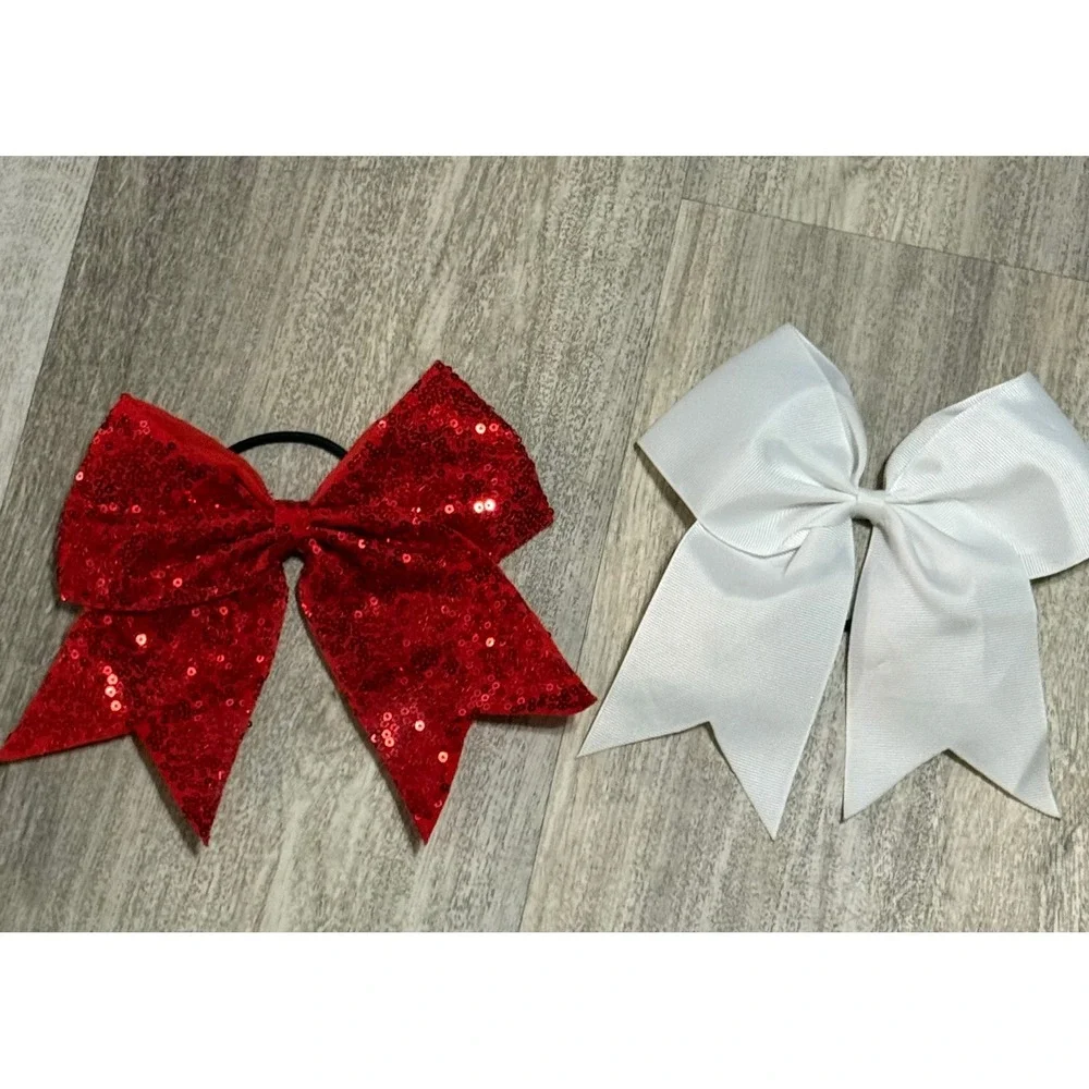 Cheerleading Hair Bows Set‎ Red Sequin & White Competition Dance Team Kids